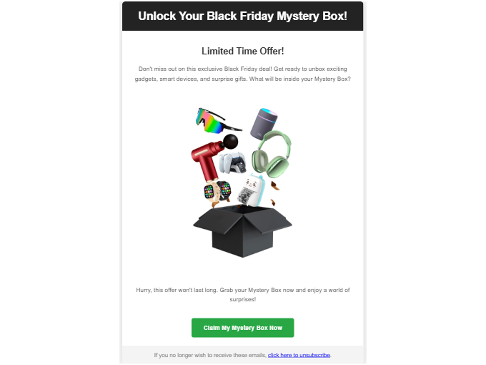 A scam email promoting a mystery box full of gadgets for Black Friday