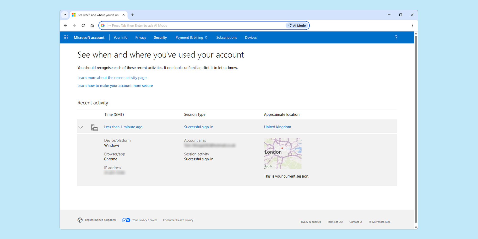 Outlook location screen