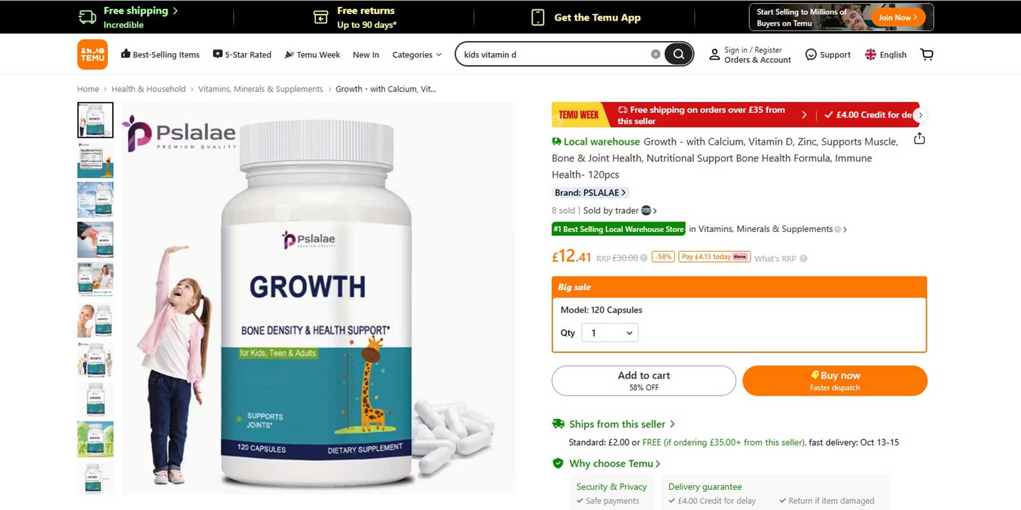 Listing for 'growth' supplement on Temu
