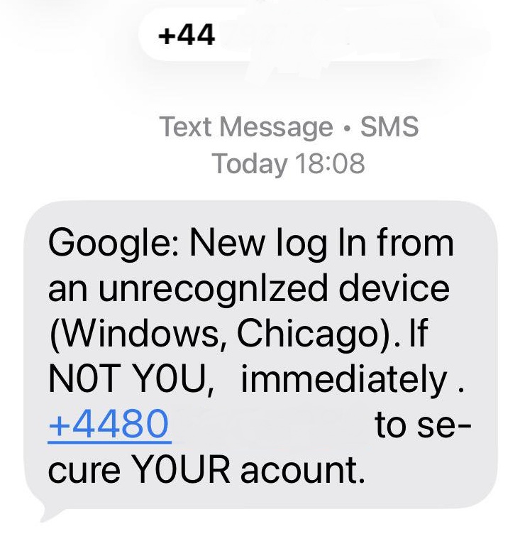 A scam text impersonating Google