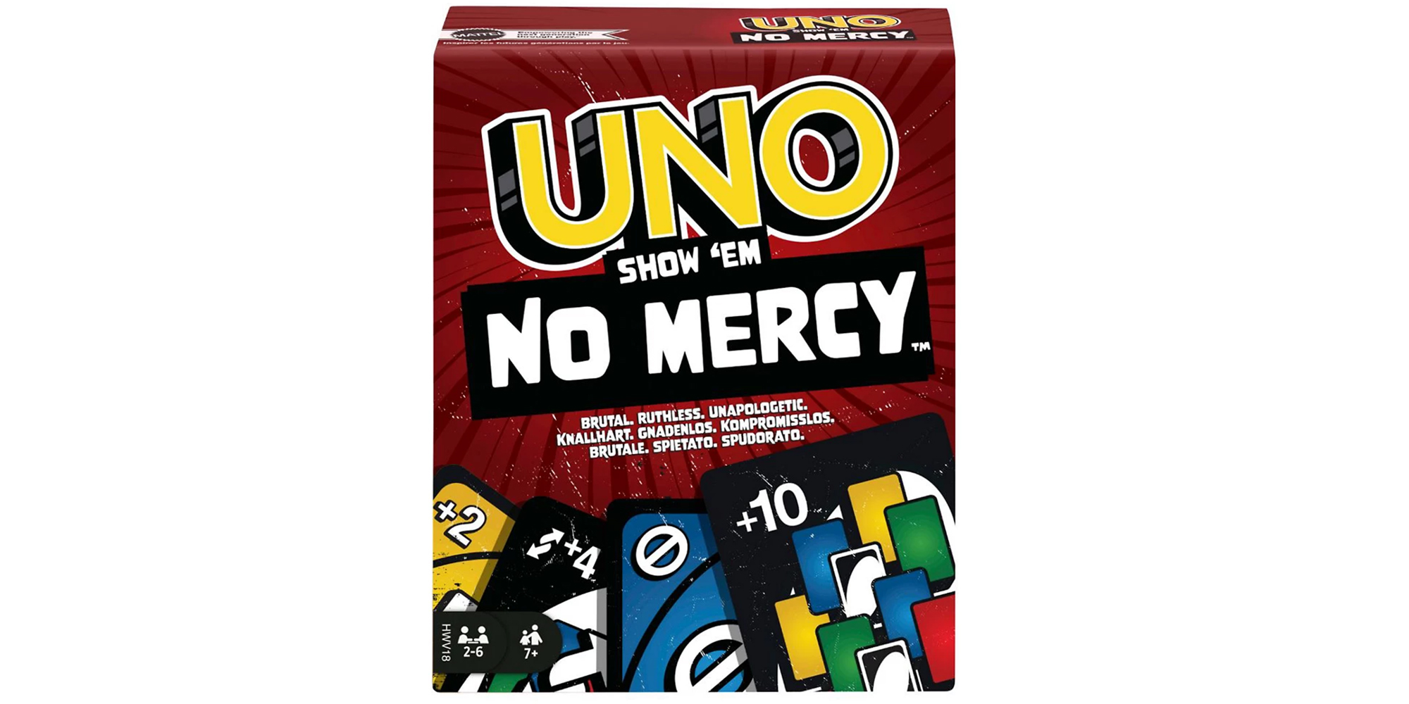 Box of Uno Show 'Em No Mercy card game with colorful cards and numbers.
