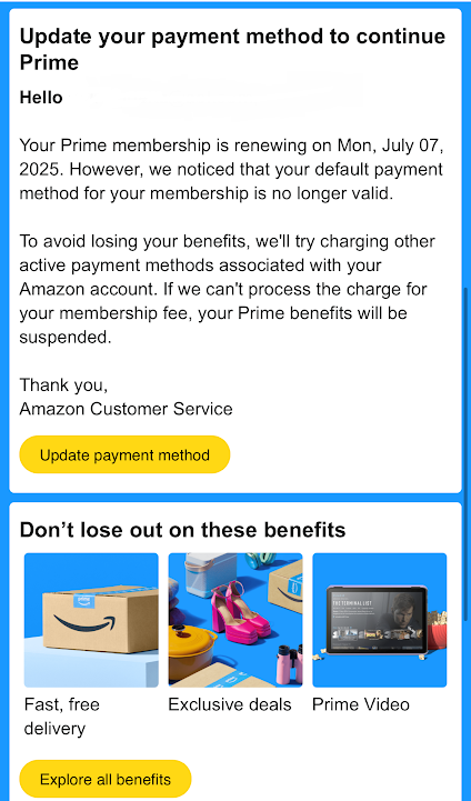 A scam email telling you that your Amazon Prime Membership payment method is no longer valid