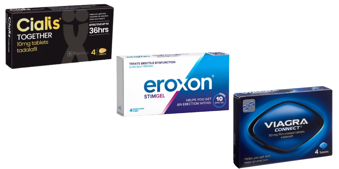 Three boxes of drugs, black white and dark blue