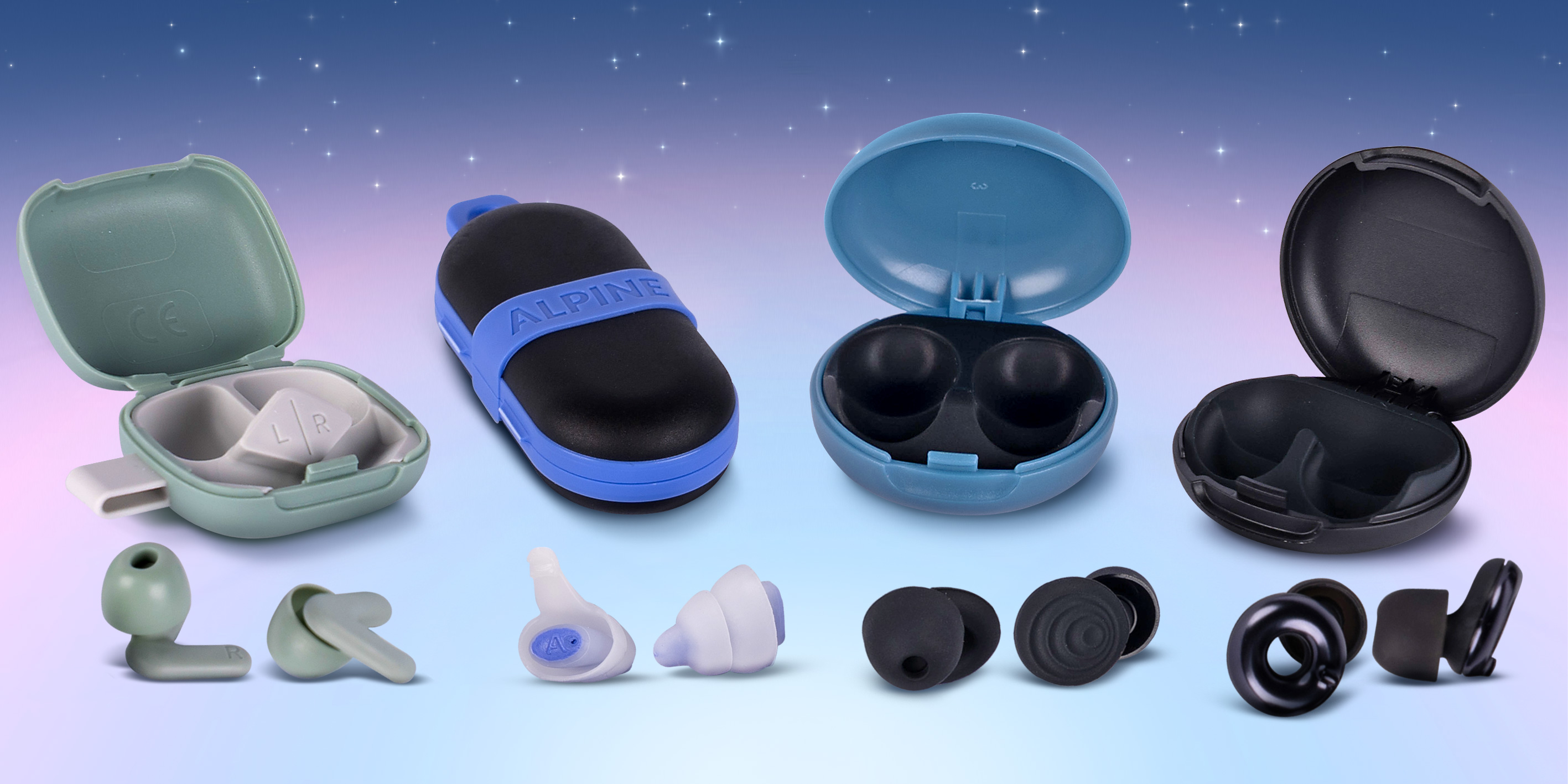 Ear plugs line up image including models from Loop and Alpine