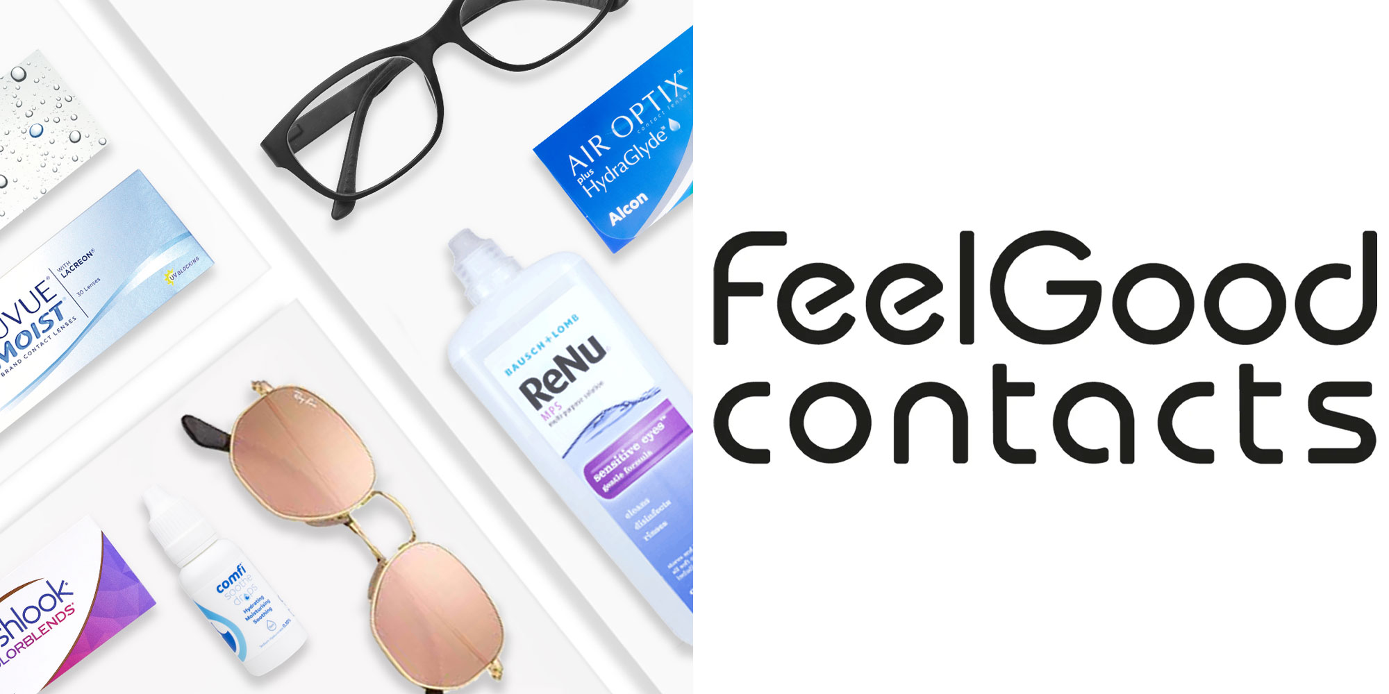 Feel Good Contacts logo and image of glasses and contact lens solution
