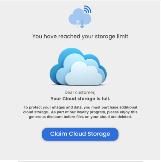 A scam email with a dodgy link telling you that your Cloud storage is full