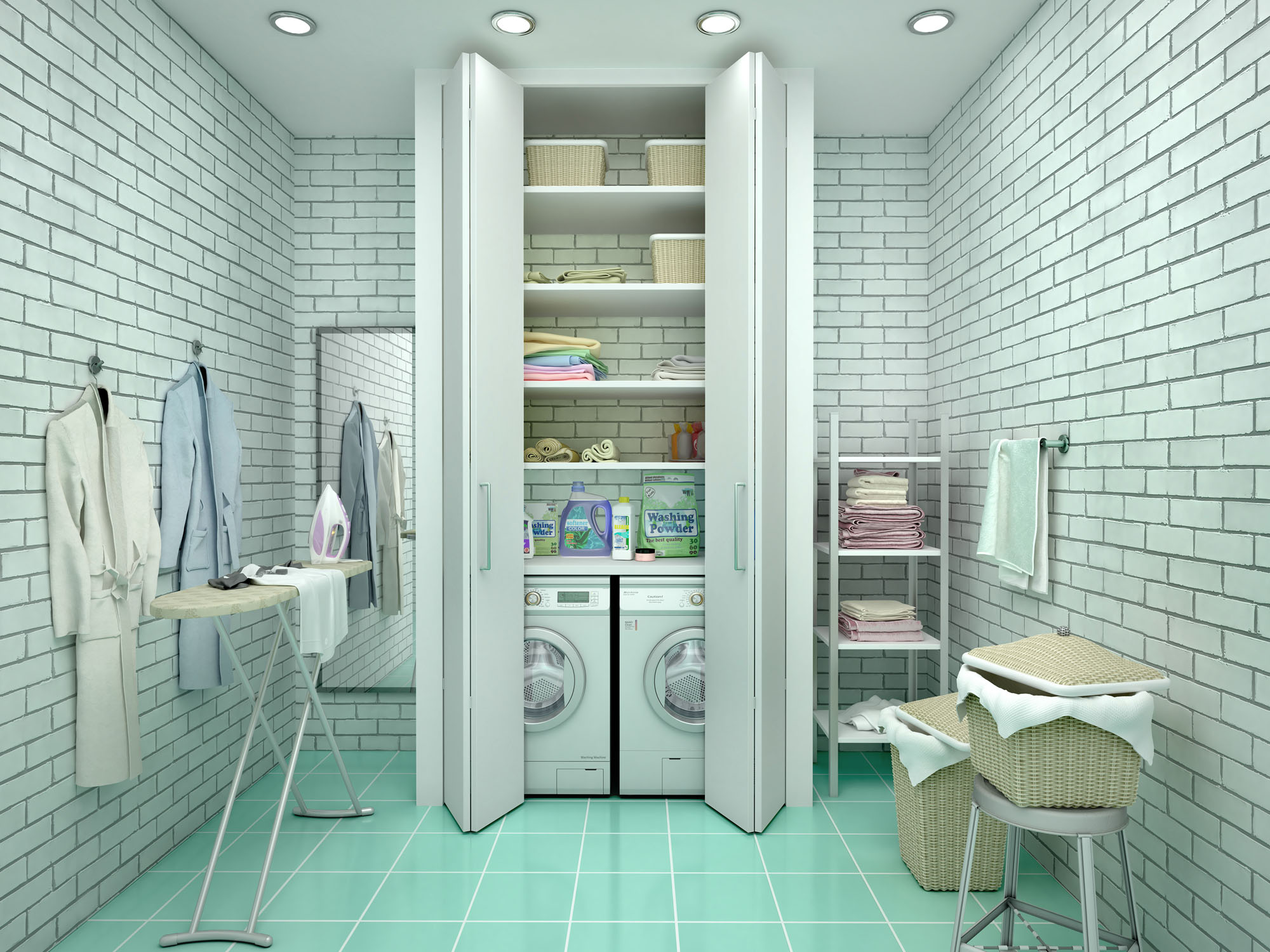 If your kitchen has room to spare, build a utility cupboard. Careful planning will allow you to keep the appliances hidden and products stowed away. Baskets keep smaller items are organised - just make sure it's well ventilated.