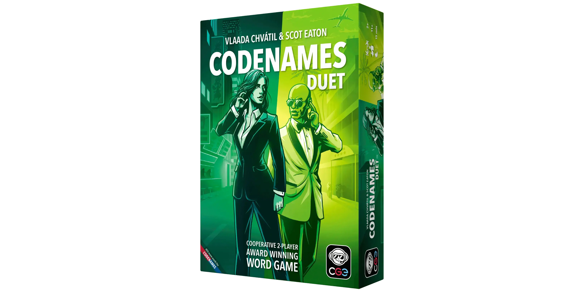 Box cover for Codenames Duet game shows two people in business attire.
