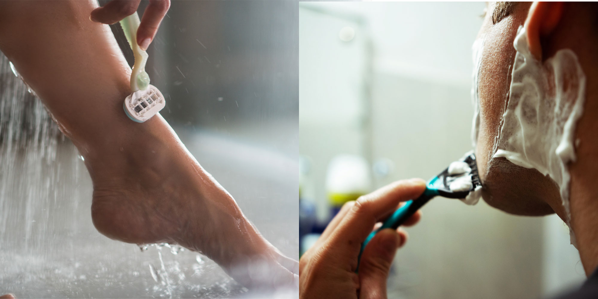 left image, foot in a shower being shaved and right image, face with shaving gel being shaved with razor