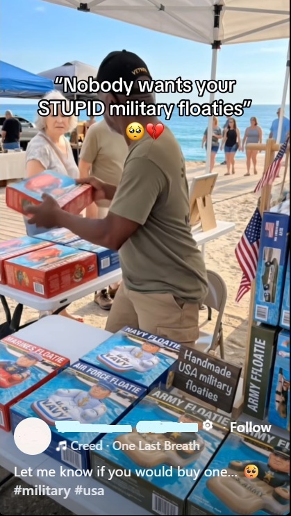 An AI-generated video posted from the same account, this time featuring a man selling inflatables