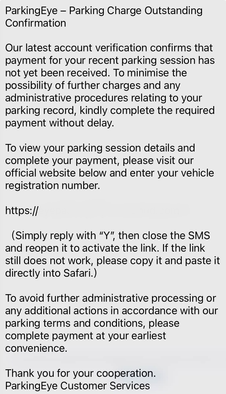 A scam text claiming to be from ParkingEye