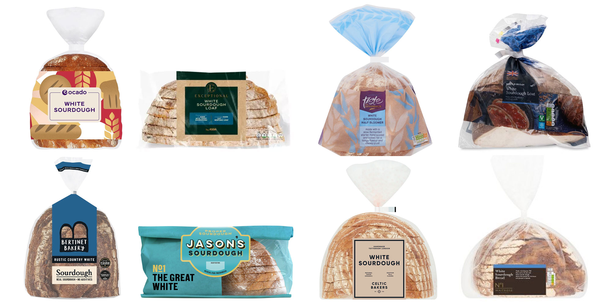 White sourdough bread from: Ocado, Asda, Sainsbury's, Aldi, Bertinet, Jason's, Celtic Bakers and Waitrose