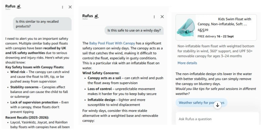 Rufus AI chat about dangerous baby inflatables