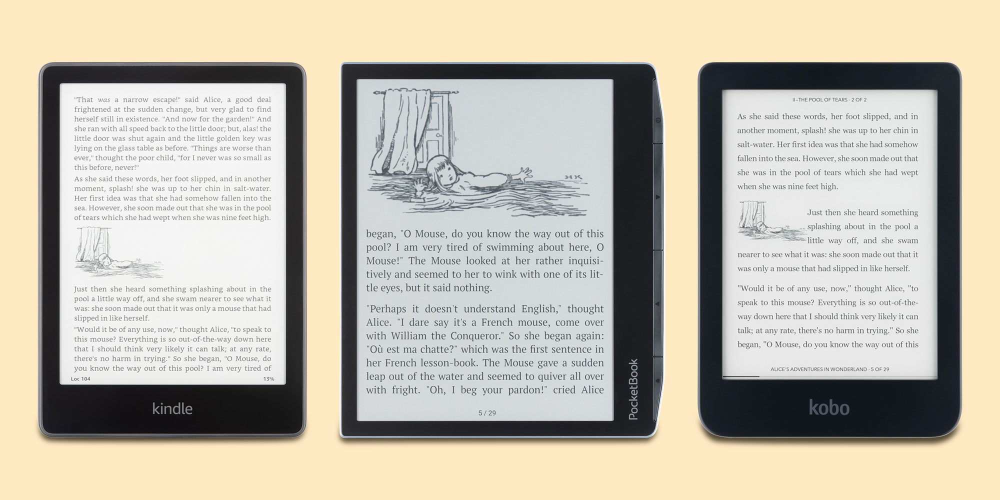 Amazon Kindle, PocketBook and Kobo e-readers lined up