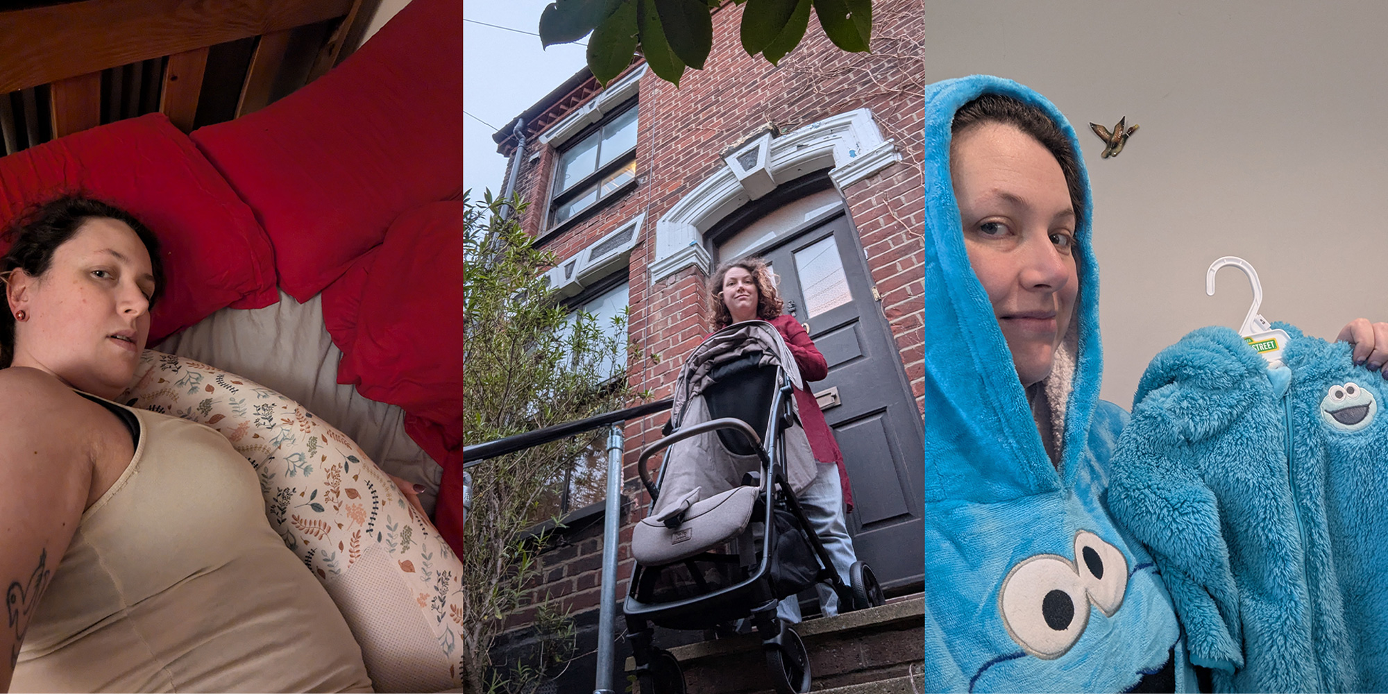 A three-part photo collage of Fran, the author:

Left: A woman lying in bed resting against a long floral pregnancy pillow.

Centre: The woman stands on the steps of a brick house holding a stroller.

Right: The woman wearing a bright blue "Cookie Monster" hooded robe, holding up a matching small blue fuzzy child's Cookie Monster outfit.