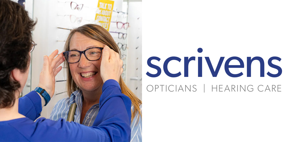 Woman having glasses put on alongside Scrivens logo