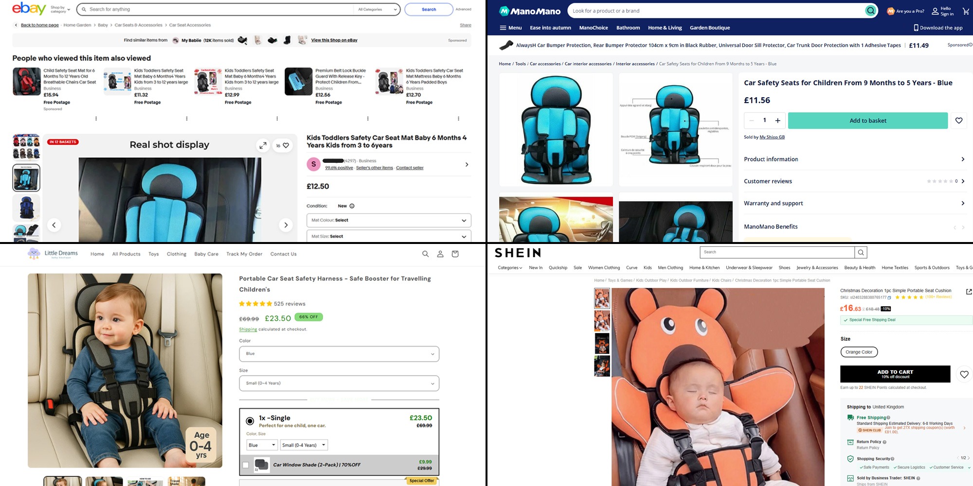 Online marketplaces selling fabric child car seats