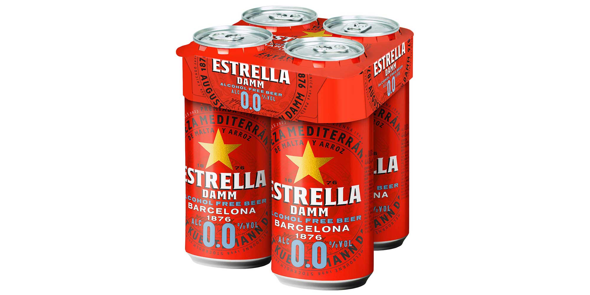 Four pack of cans of Estrella 0.0% beer