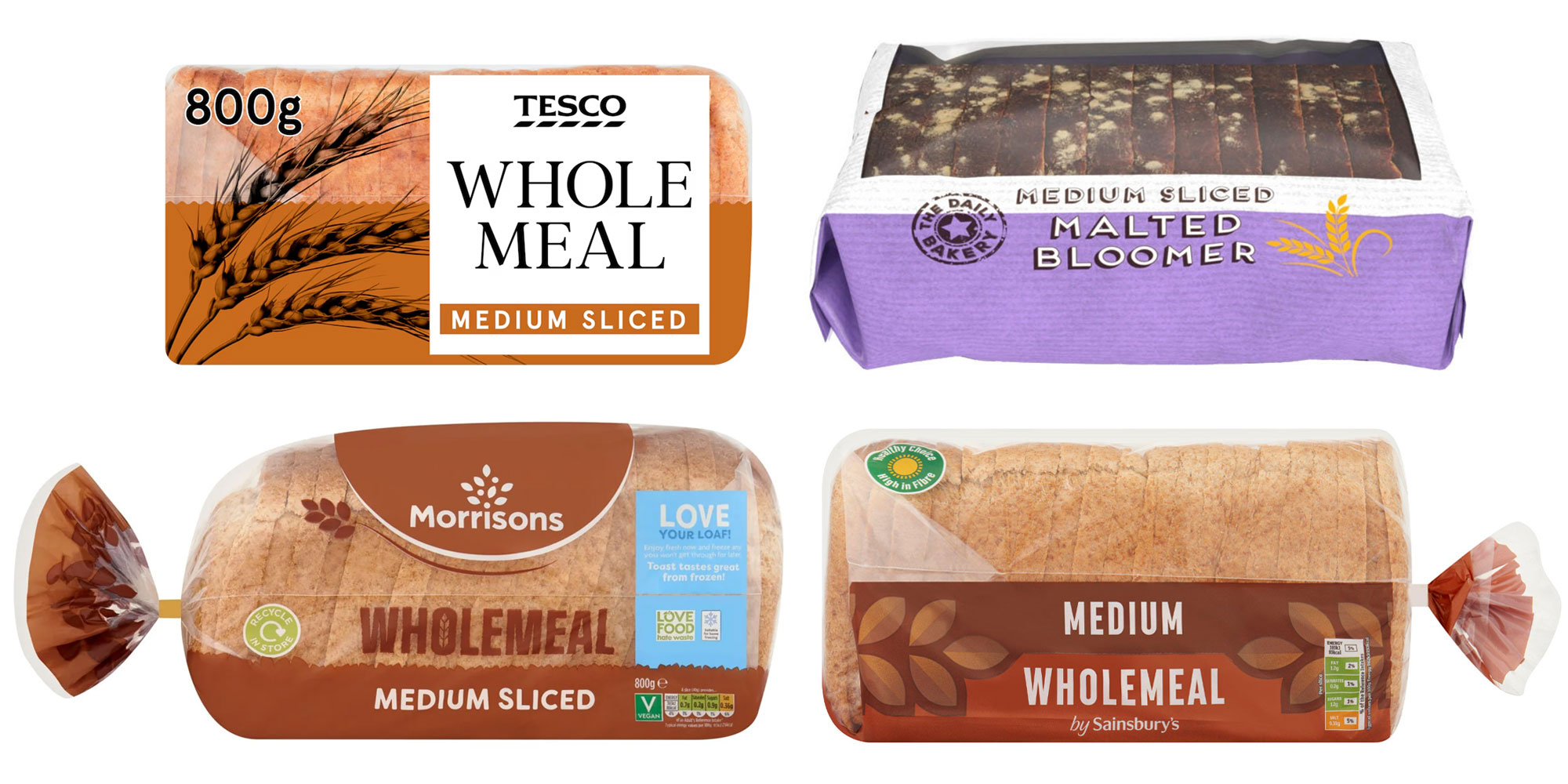 Four of the 13 loaves that scored 80 out of 100 in the Which? analysis of 60 sliced 'healthy' breads.