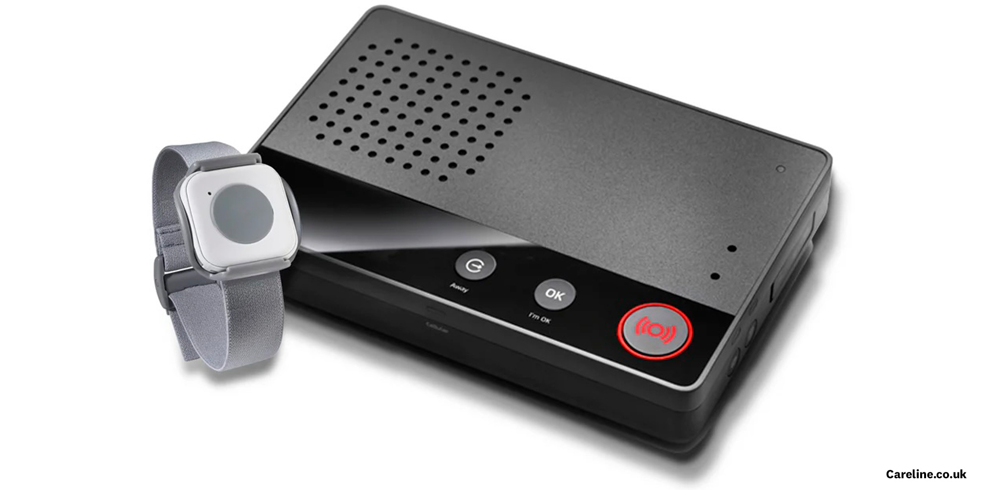 Telecare device with wristband and base unit