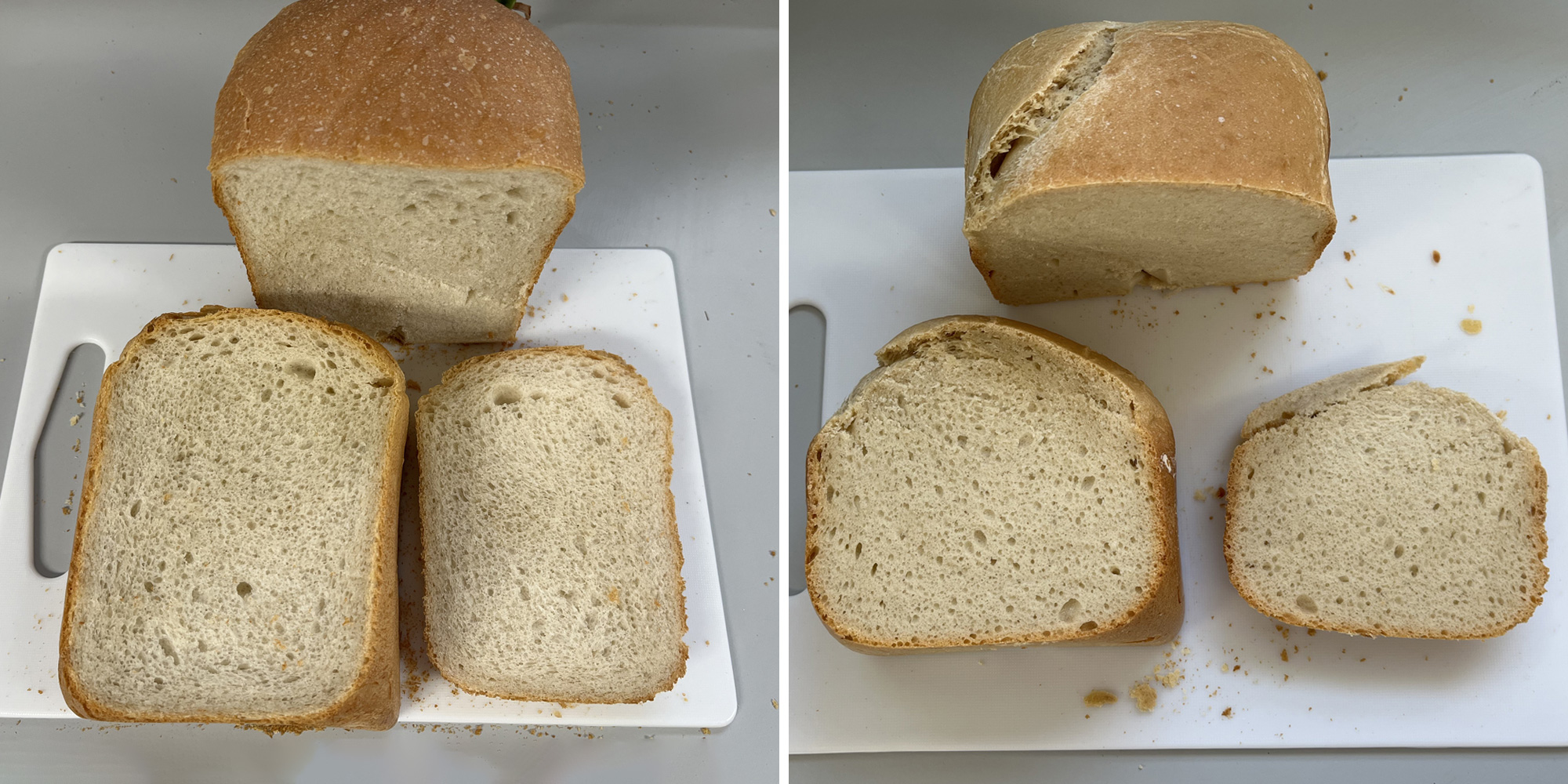 Two bread loaves side by side showing examples of good and bad bread