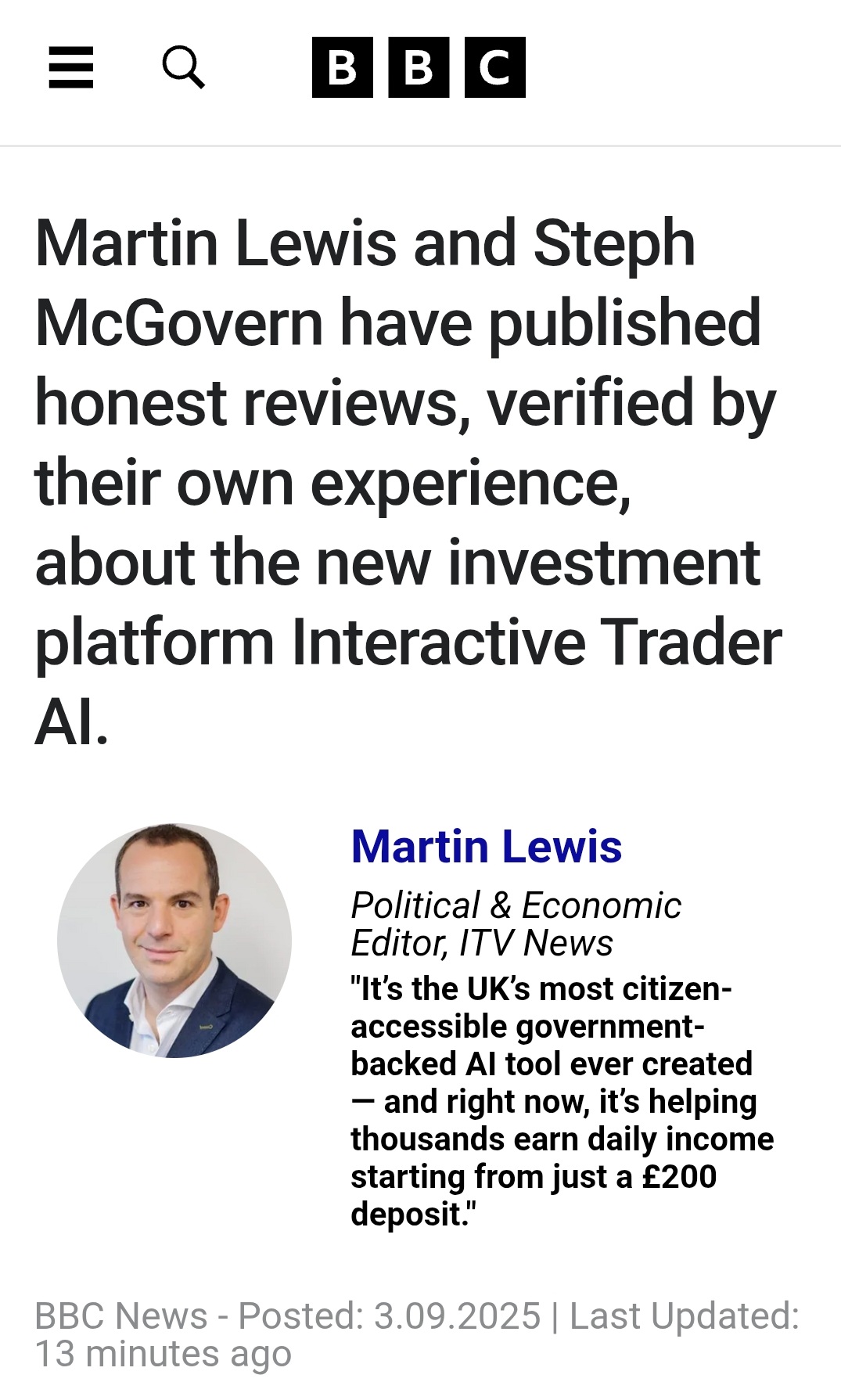 A scam website promoting Quantum AI impersonating Martin Lewis, Steph McGovern and the BBC