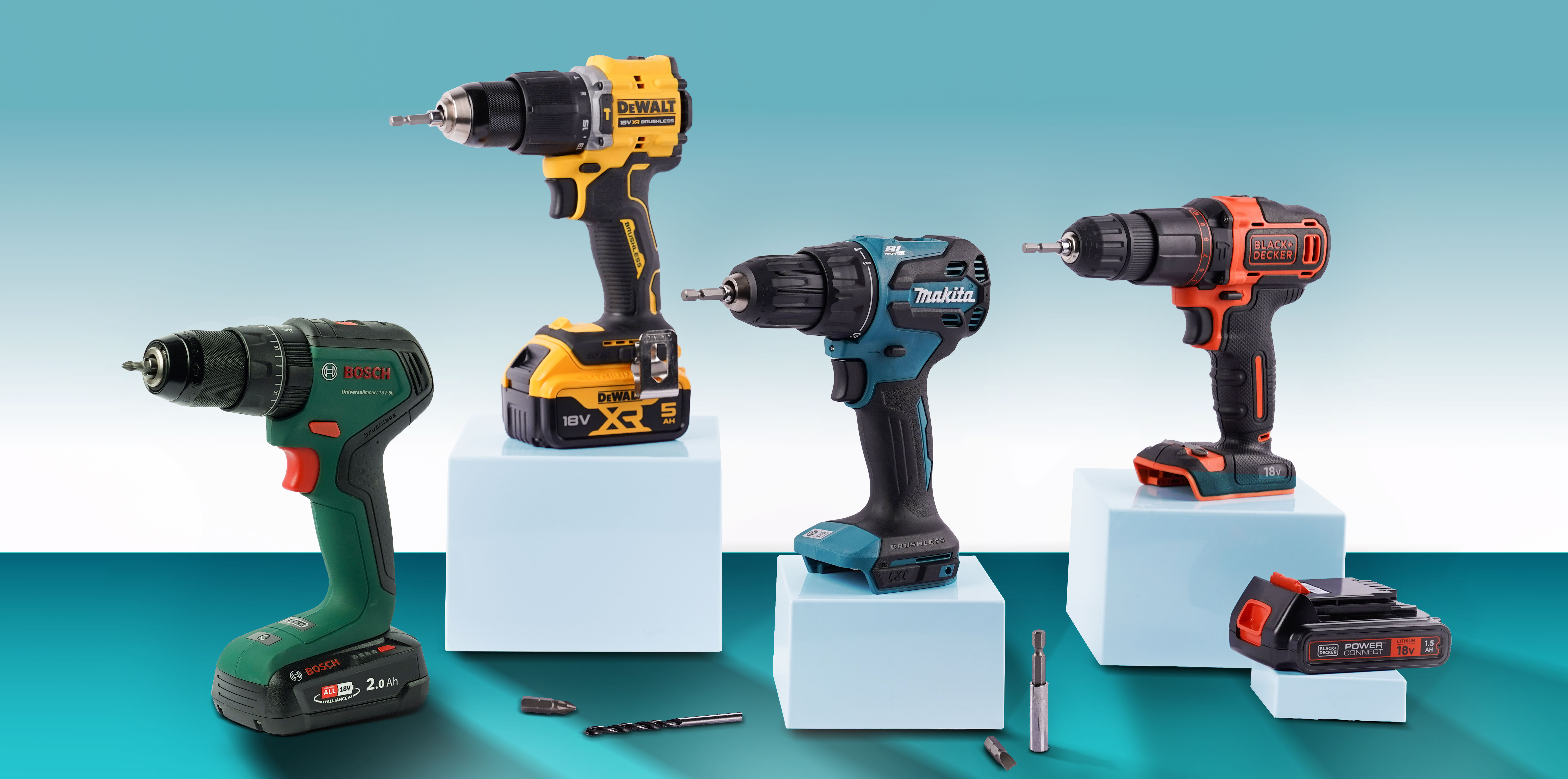 Image showing a line up of drills from Bosch, Makita, DeWalt and more.