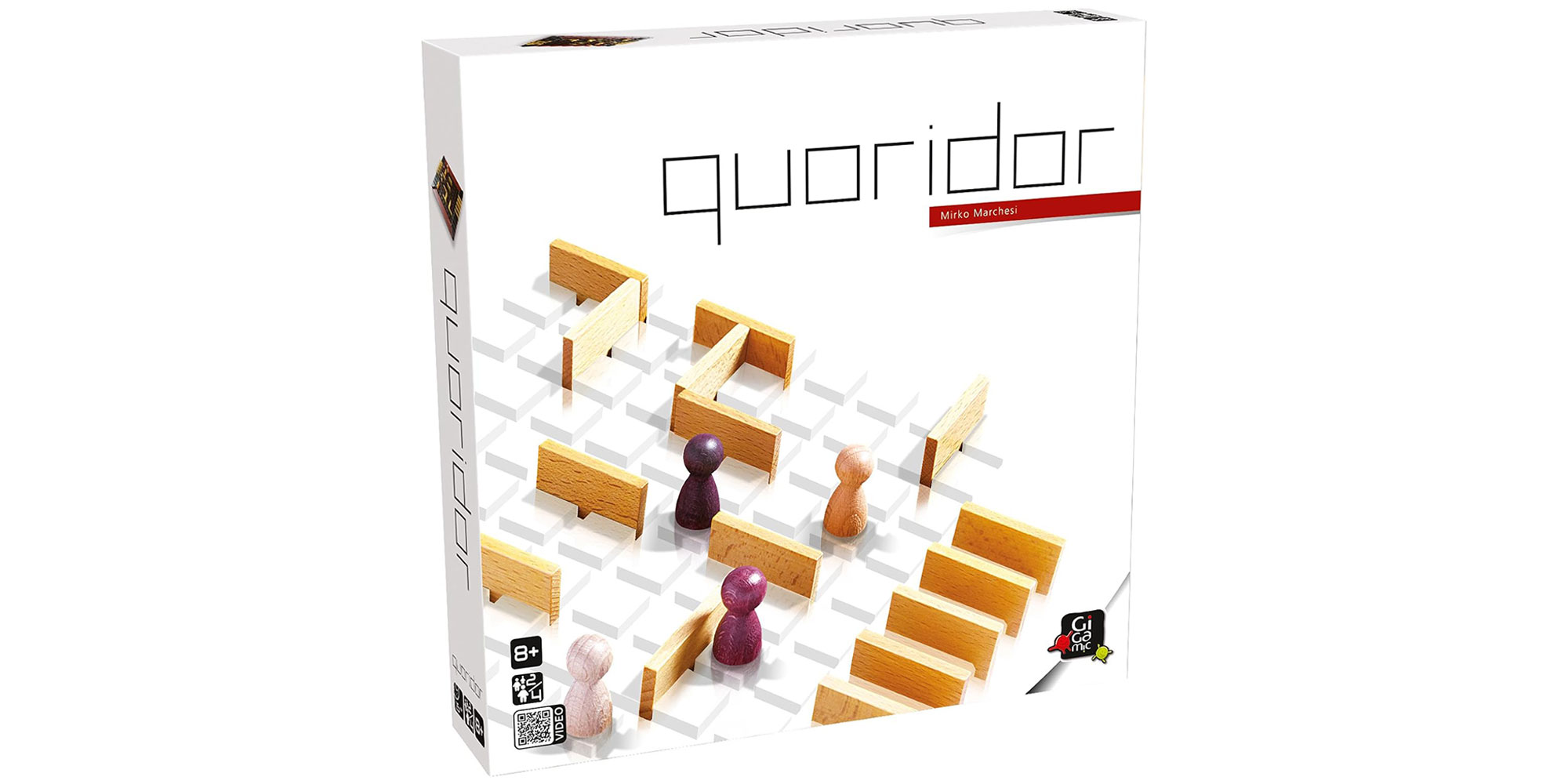 Box cover of the board game Quoridor with wooden pieces and maze-like design.