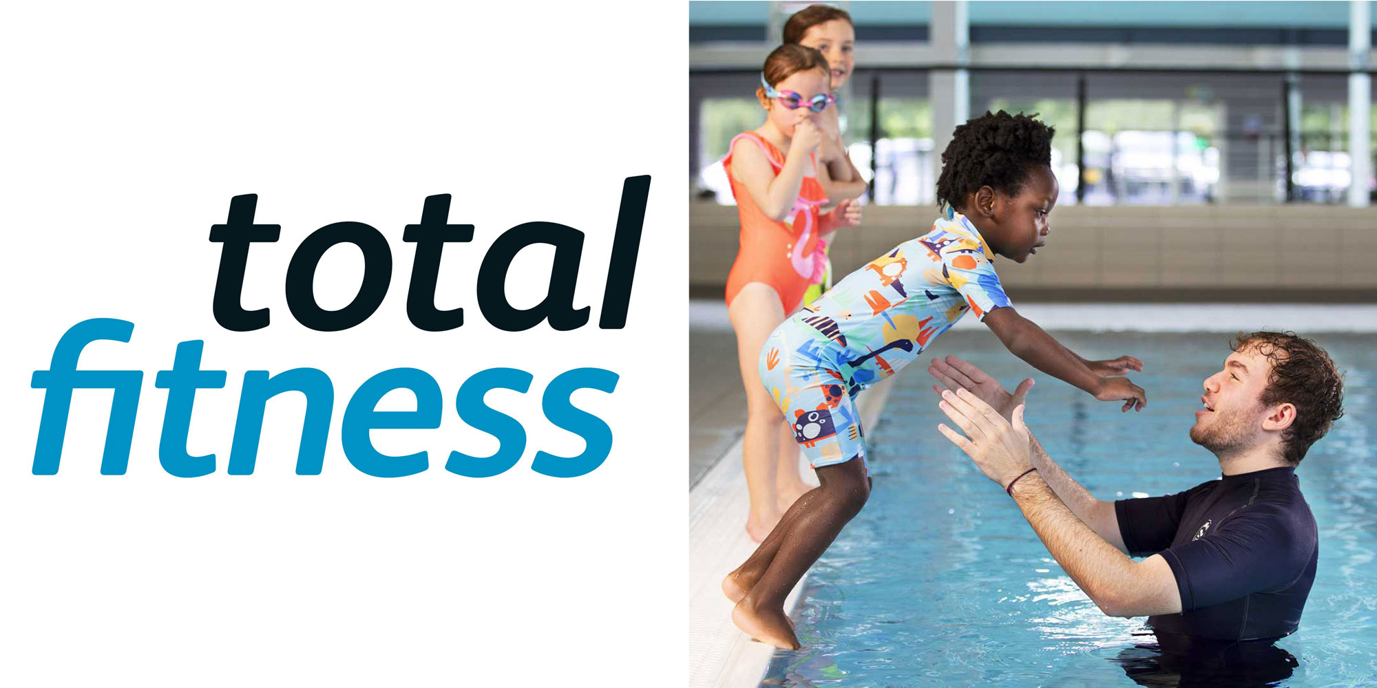 Total fitness gym review with logo and man and children jumping into the swimming pool