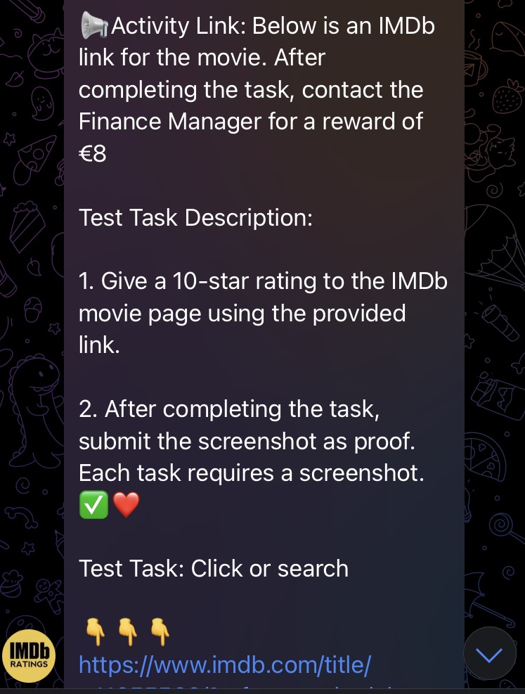 An admin on a Telegram group advertising a task scam involving IMBd
