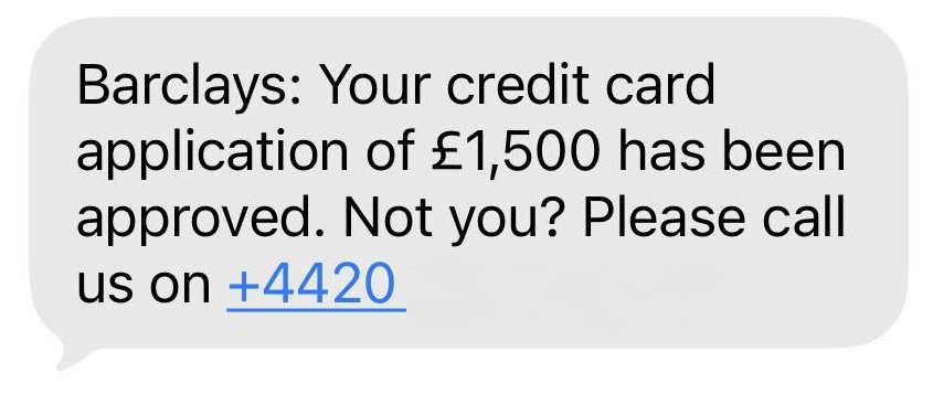 A scam text message impersonating Barclays
