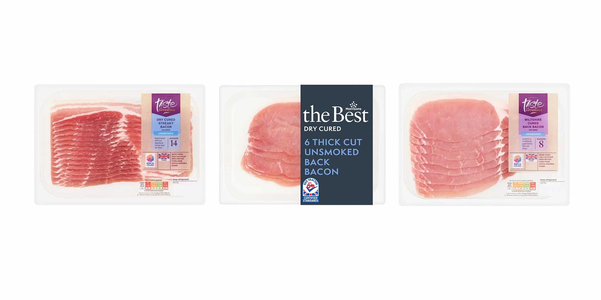 Product shots of high salt pork bacons (when cooked), namely Morrisons The Best dry cured thick cut unsmoked back bacon, Sainsbury's Taste The Difference Dry Cured Streaky Bacon, and Wiltshire Cured Back Bacon.