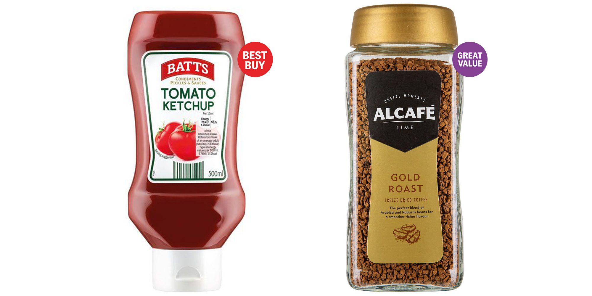 Lidl Batts Tomato Ketchup and Aldi Alcafé Gold Roast Freeze Dried Coffee