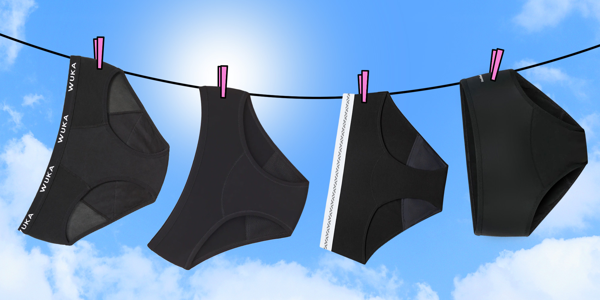 Four pairs of black period pants hang on a clothesline against a blue sky.