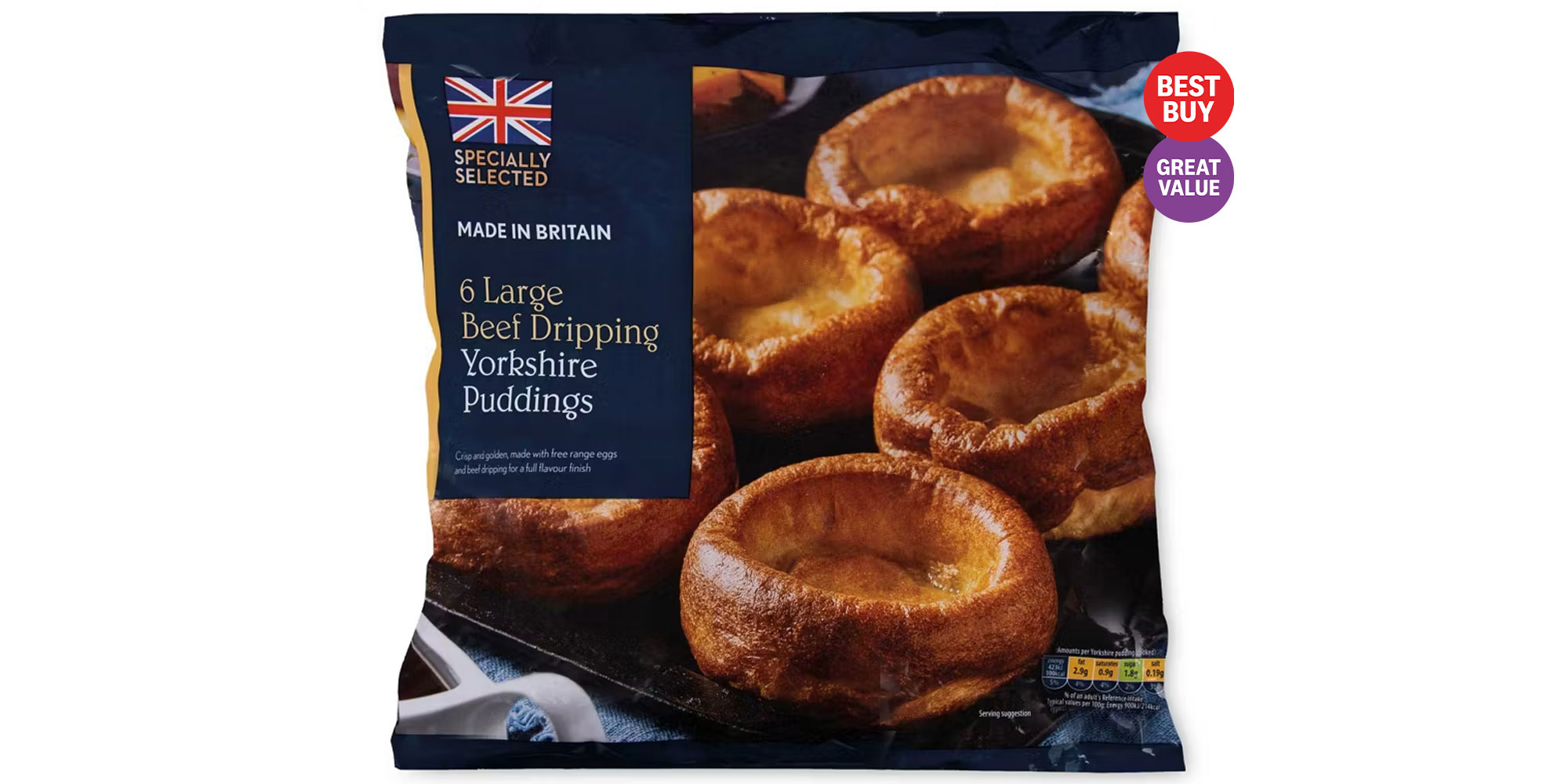 Aldi specially selected large beef dripping Yorkshire puddings with Best Buy and Great Value logos