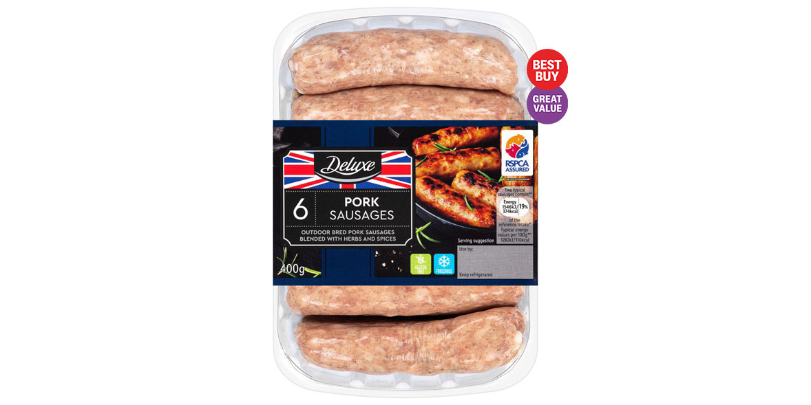 Pack of six Lidl pork sausages with Best Buy and Great Value logos