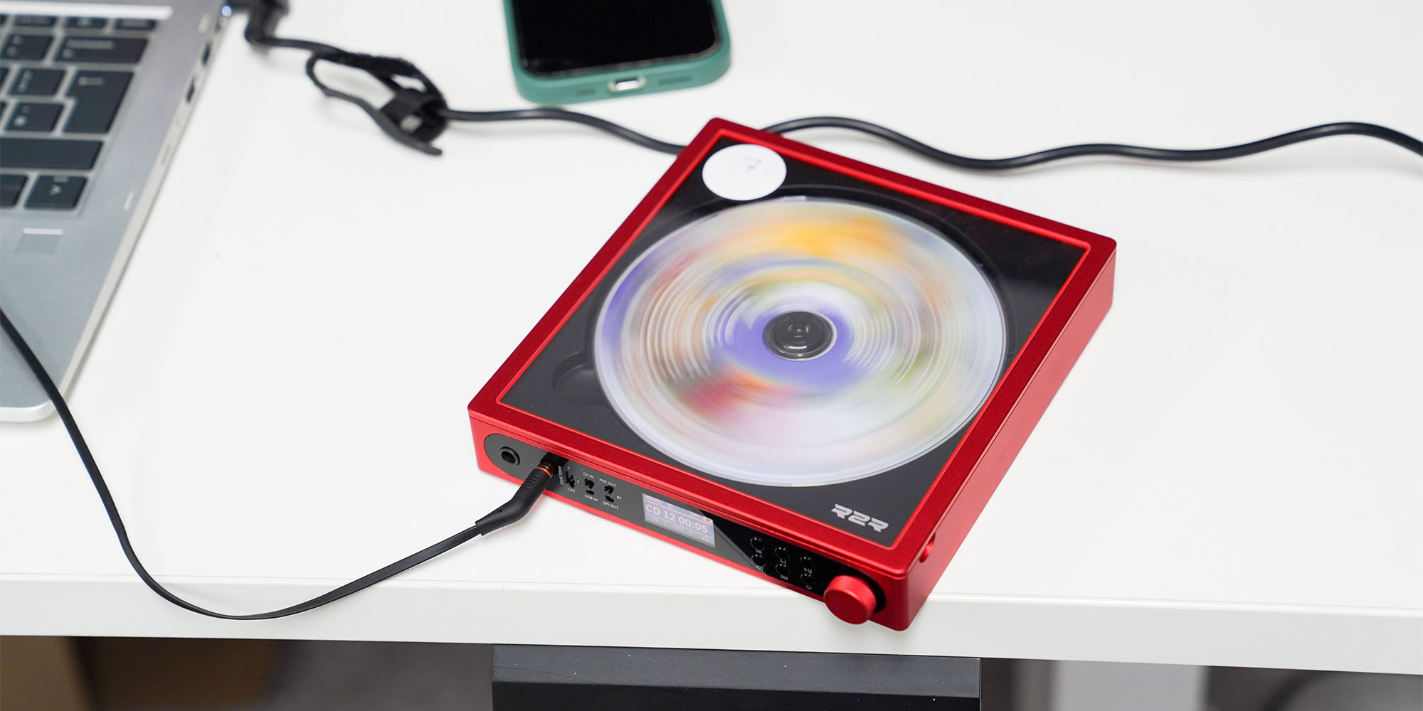 A CD spinning inside one of the players we tested