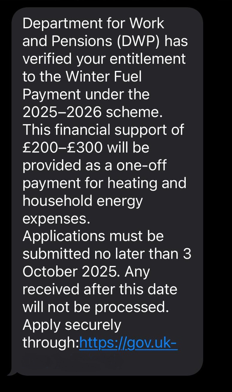 A scam text claiming to be from the DWP
