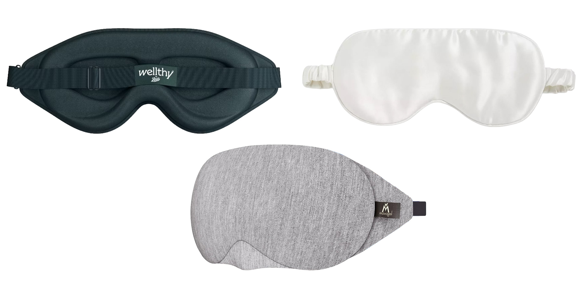 A line up image featuring silk, cotton and memory foam sleep masks