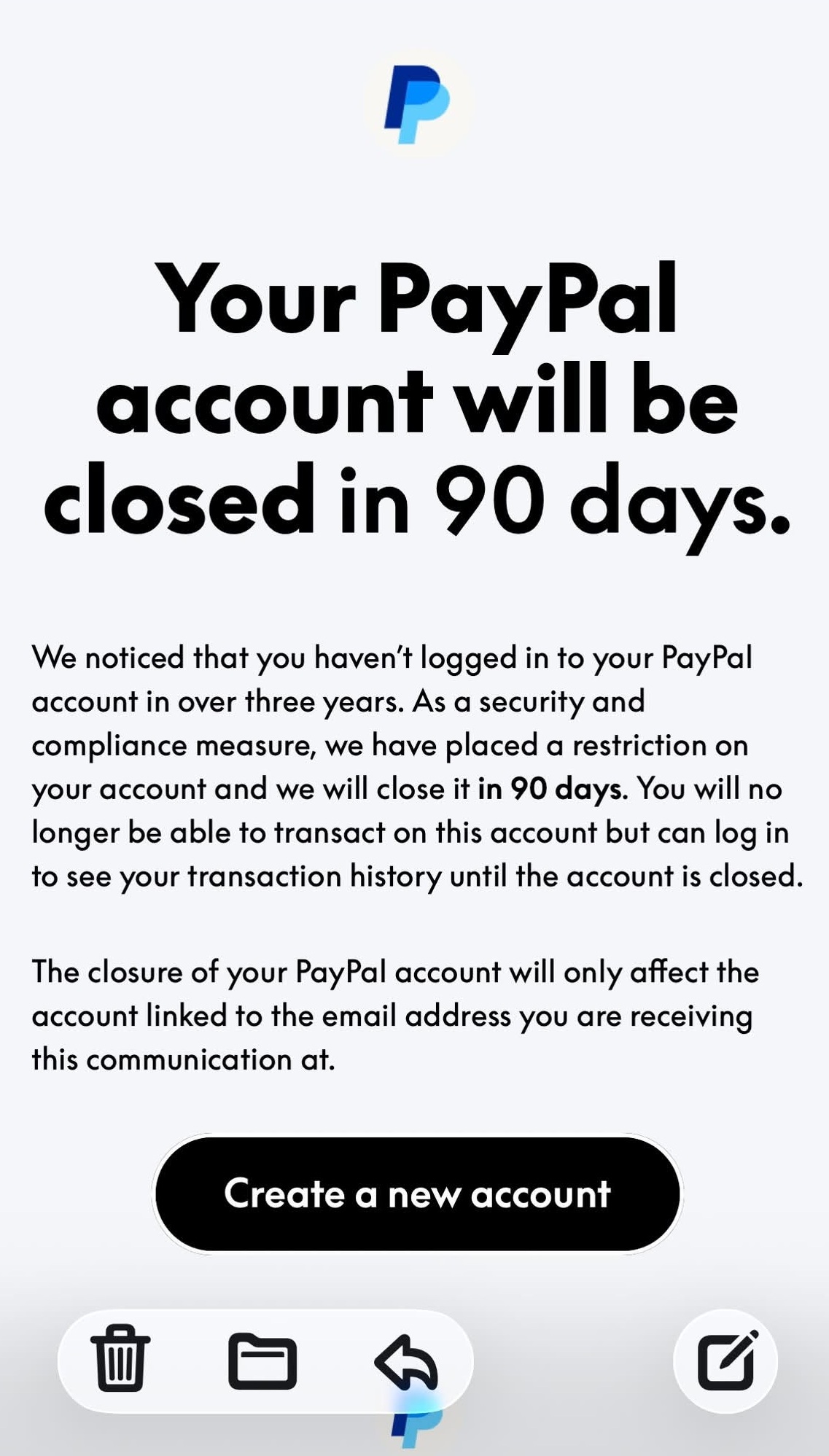 A scam email impersonating PayPal
