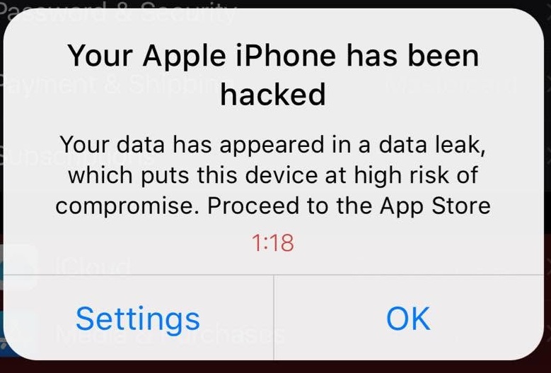A scam pop-up telling you that your iPhone has been hacked