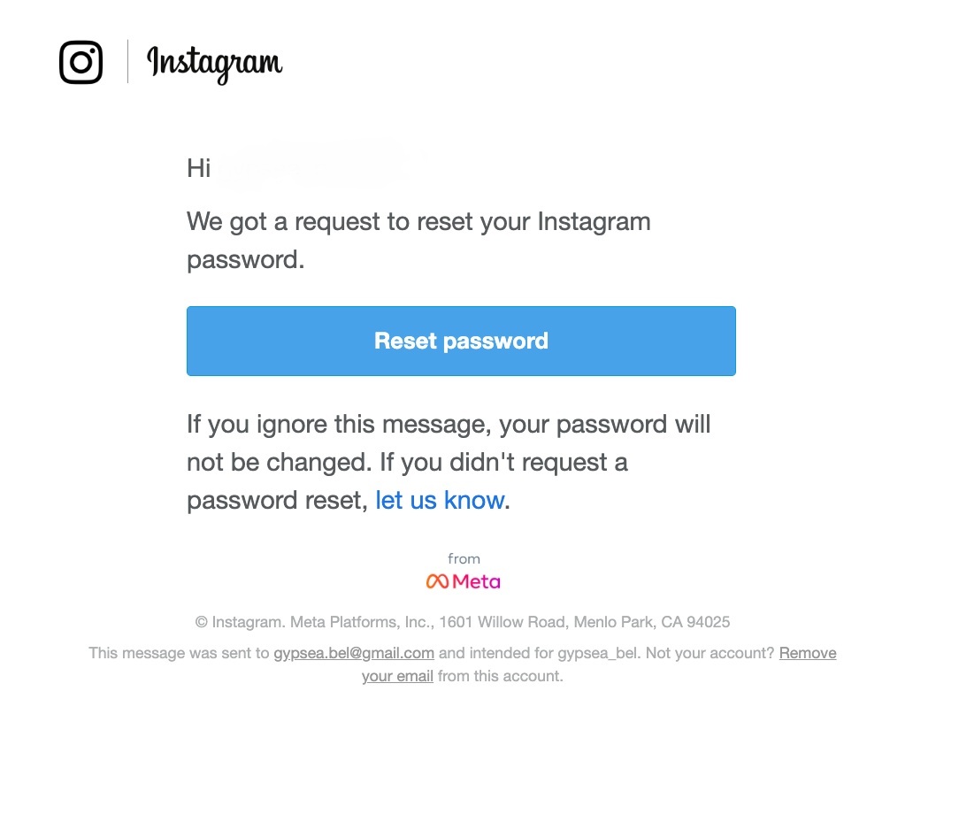 A password reset email from Instagram