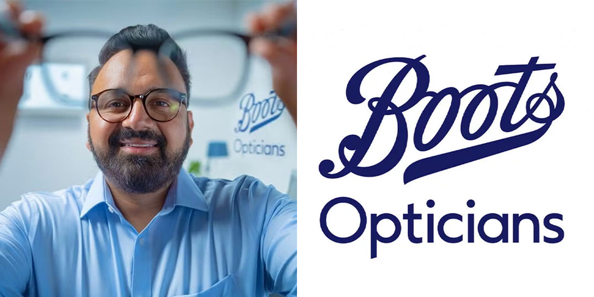 Man holding glasses up alongside Boots Opticians logo