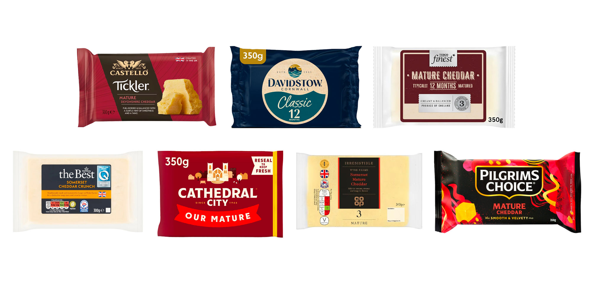 Line up of mature cheddars: Castello, Davidstow, Tesco, Morrisons, Cathedral City, co-op, Pilgrims Choice