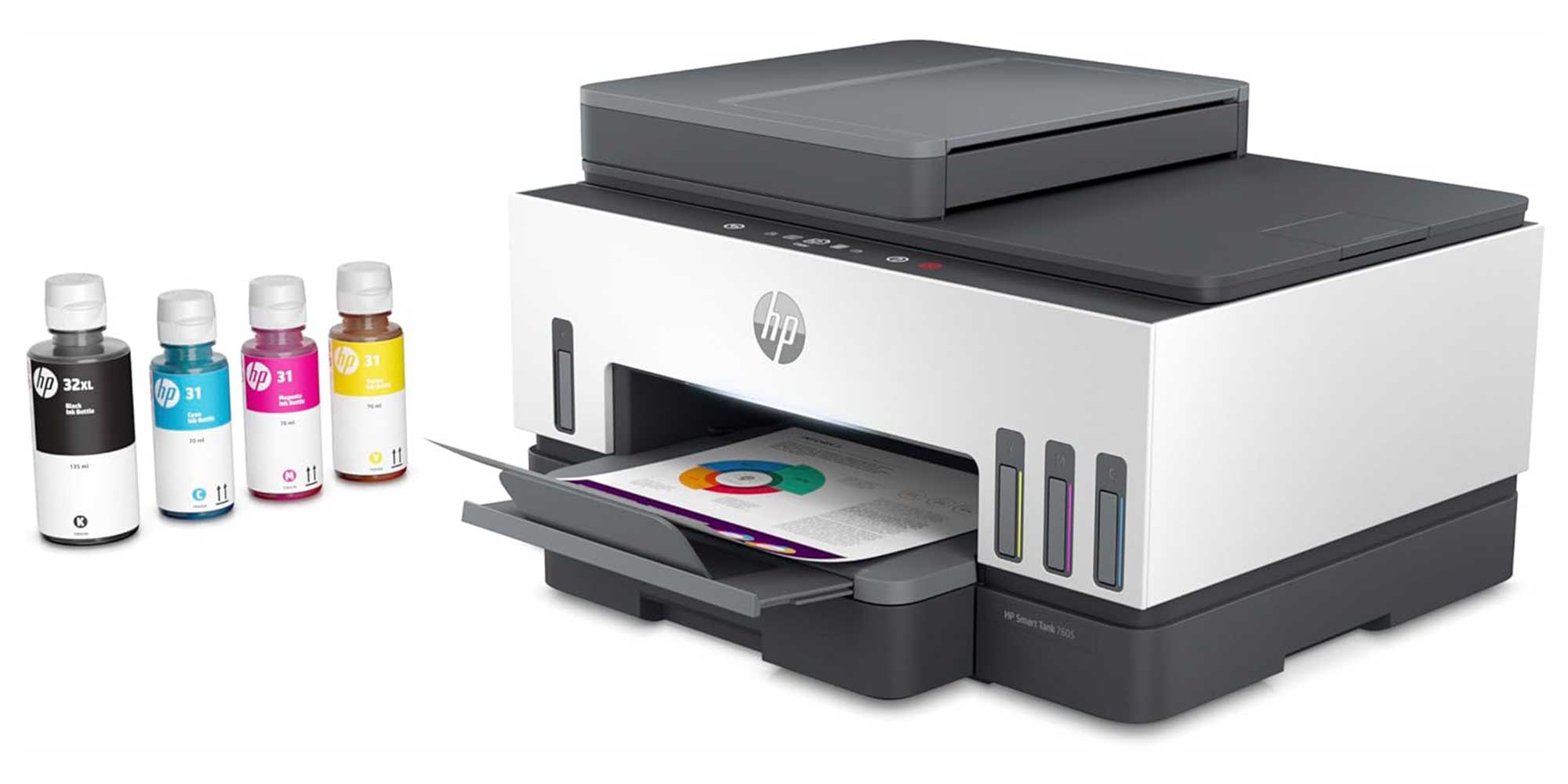 HP Smart Tank 7605 printer with ink bottles