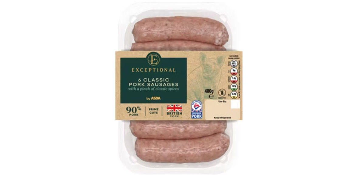 Six pack of Asda Exceptional pork sausages
