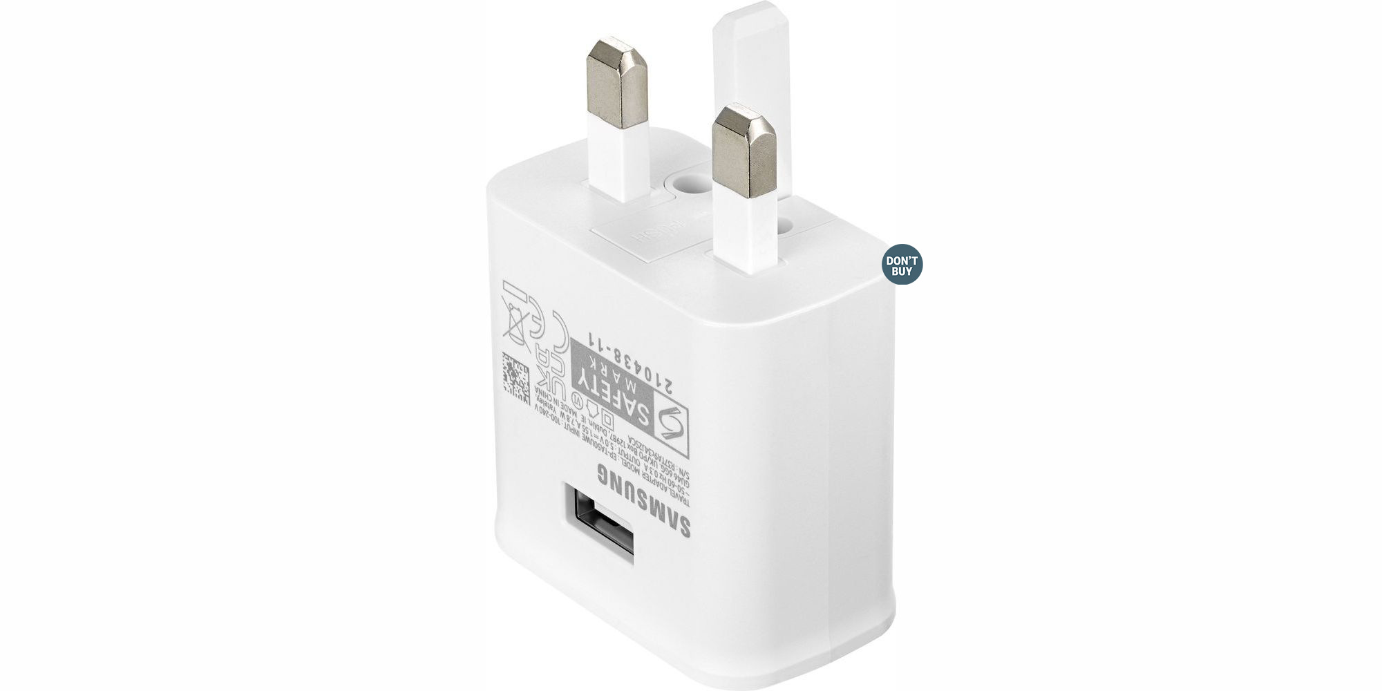 This 'Samsung' charger was sent in a plastic bag with no box or  any documentation - it can't be sold in the UK and we think it's likely to be fake. 