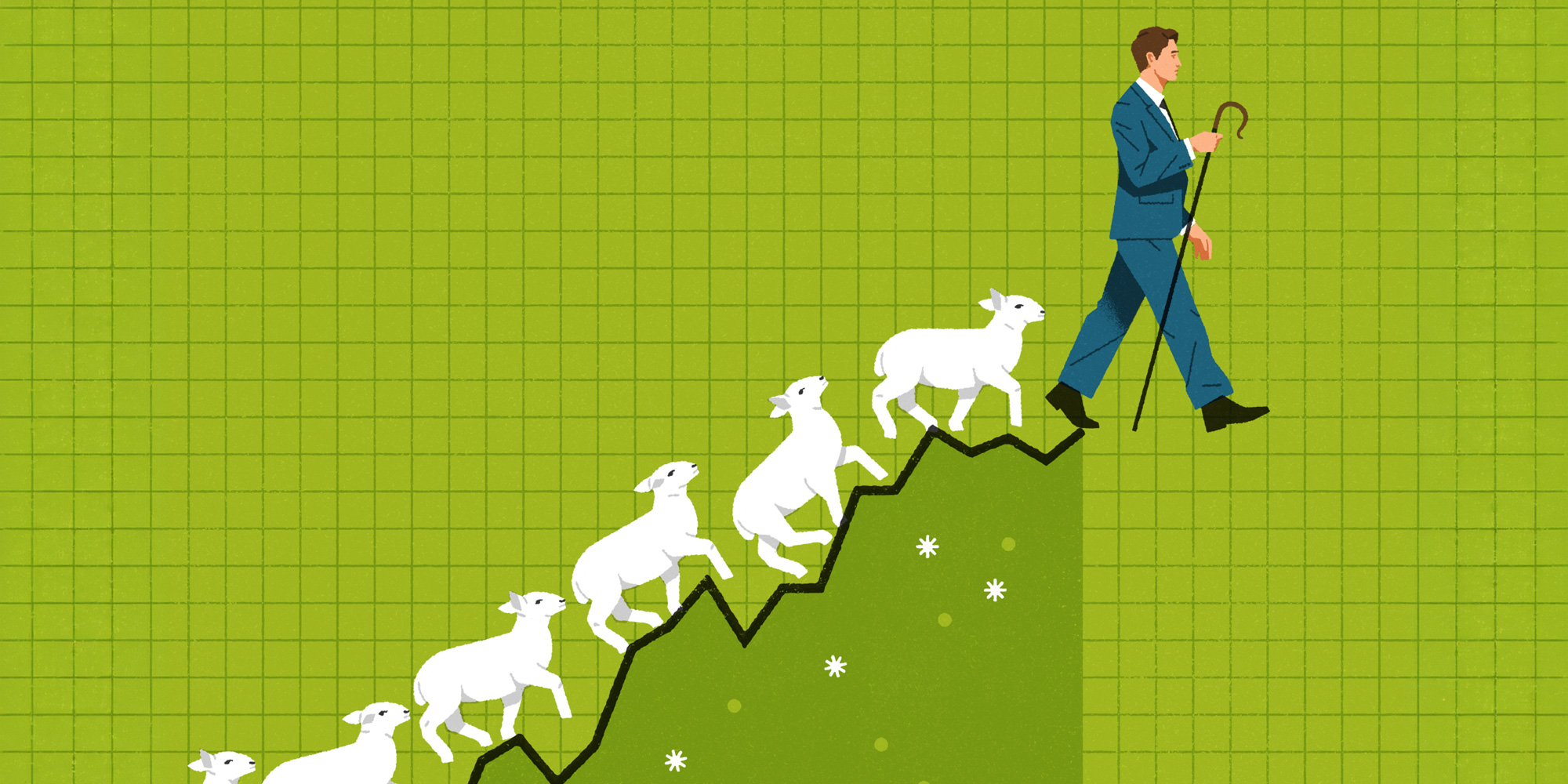 Man walking off a line chart followed by sheep