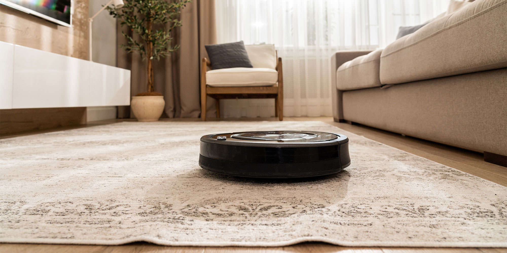 A robot vacuum cleaner on a rug