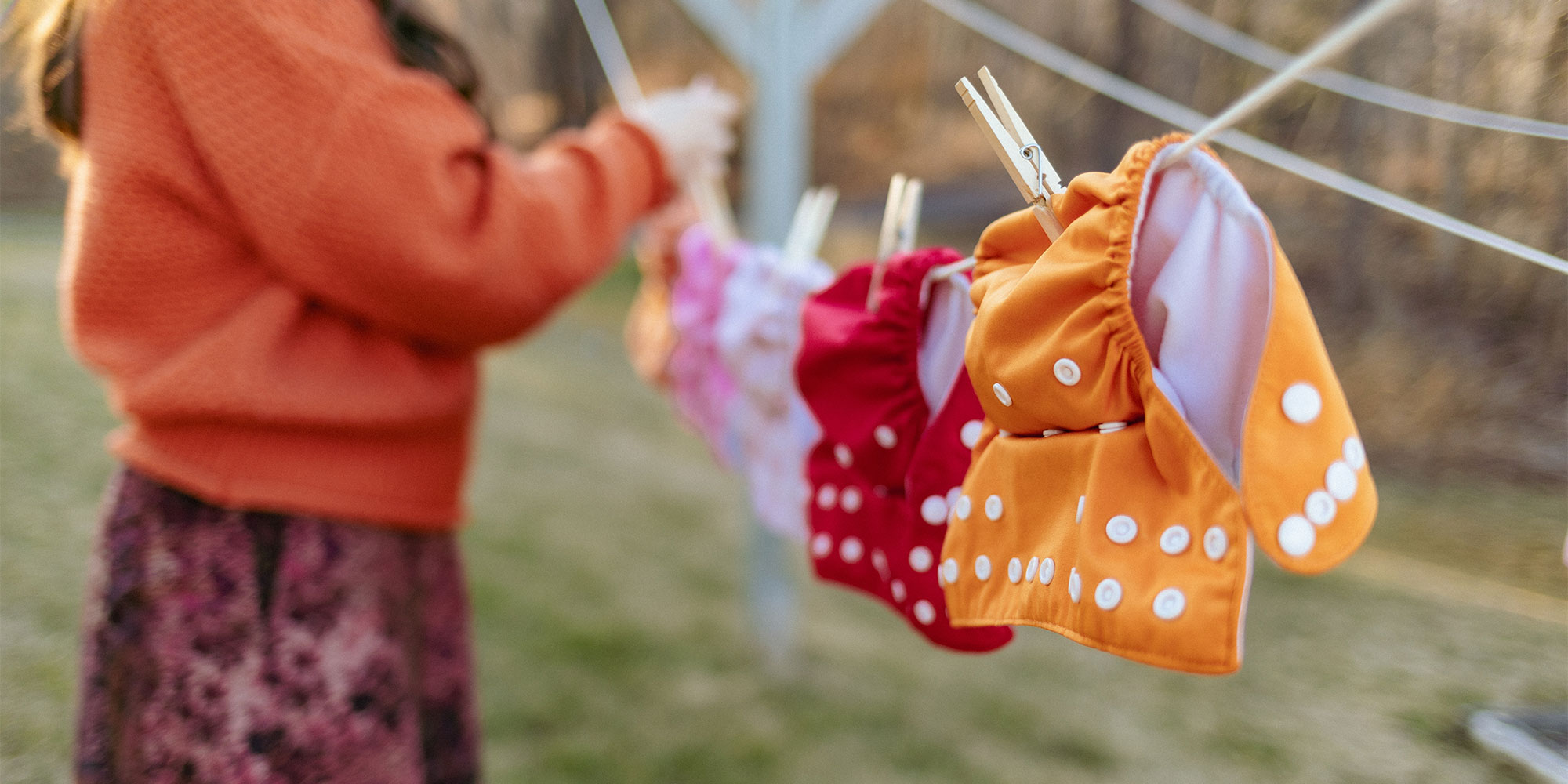 Reusable nappies drying on a washing line
